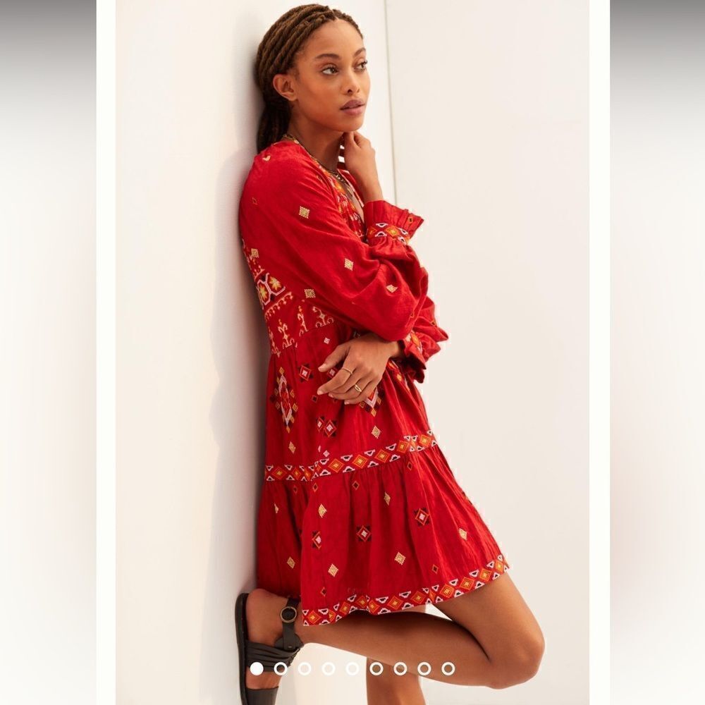 NWT Anthropologie Embroidered Tunic Mini Dress Red Motif XS